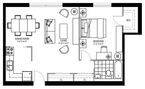 Floor plan for 1 bed, 1 bath